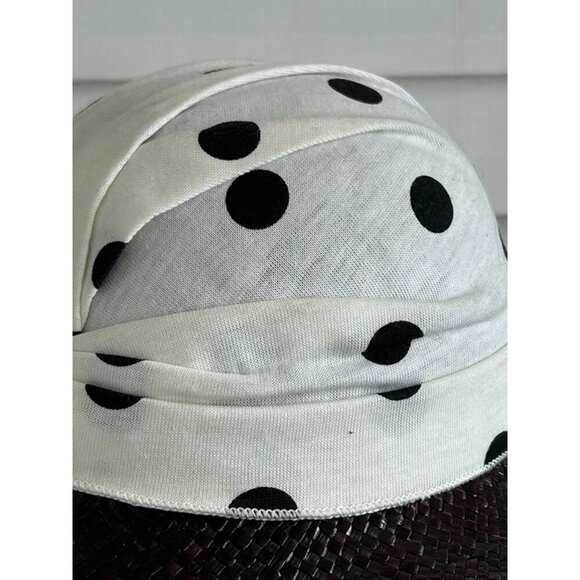 Neiman Marcus Women's White Black Polka Dot Woven Straw Cap Hat with Scarf Bow - Picture 2 of 7